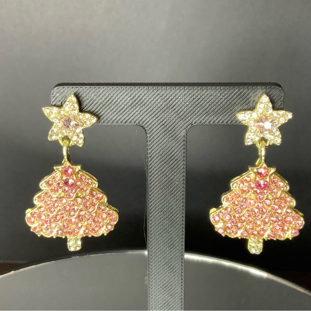 Pretty Pink Christmas Tree Rhinestone Earrigns